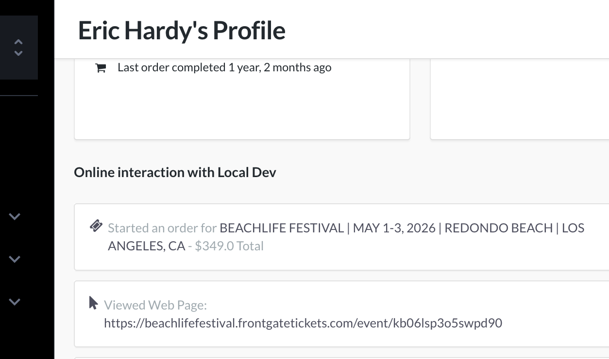An interaction history in Hive, showing actions tracked through Hives's SDK